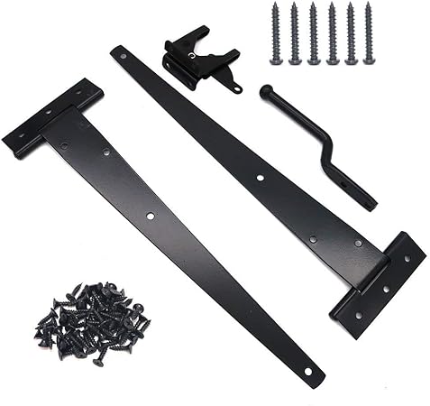 2 Pieces (12 inch) NUZAMAS T-Strap Heavy Duty Shed Hinges + Door Latch Set, Gate Strap Hinge, Door Barn Gates Hinges Black Wrought Hardware Iron Rustproof