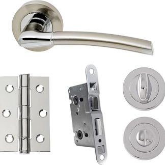 UAP Internal Door Handle Set with Lock – Complete Door Pack with Hinges, Thumb Turn & Fixings – Privacy Turn & Release (Falcon, Polished Chrome)