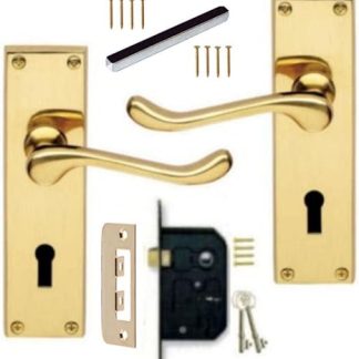 Victorian Scroll Polished Brass Lever Lock Door Handles + 3 Lever Lock Set