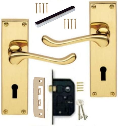 Victorian Scroll Polished Brass Lever Lock Door Handles + 3 Lever Lock Set