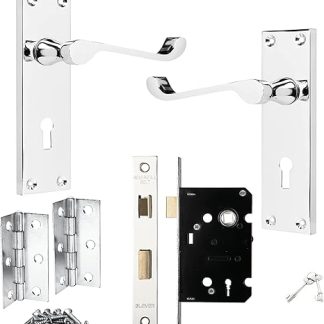 Victorian Scroll Polished Chrome Door Handle Lock Pack, 3 Lever Lock, 1 Pair of Hinges, for Extra Privacy in Bedroom and Living Room, Traditional Design