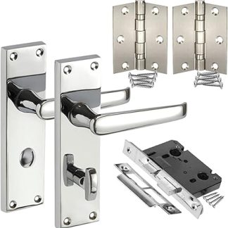 Traditional Victorian Straight Door Handle Packs for Bathroom Doors with Lock, Thumb Turn & Hinges H751024P HB1