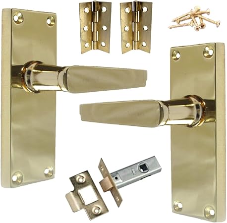 Victorian Straight Handle Brass Latch Lock Bathroom WC Toilet Door Handles, Bathroom Mortice 3 Lever Lock 3 Hinges (Latch Pack)