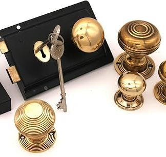 Infinity Decor Vintage Victorian Style Antique Solid Brass knob + Black Door Rim Lock Set (F) (Beehive Small)