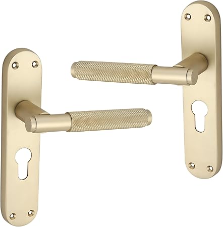Infinity Decor Knurled Euro Lever Lock Door Handle on Backplate Set 185mm x 45mm Passage Door Pulls – Suitable for All Internal & External Doors (Satin Brass)