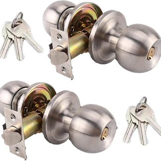2Pack Stainless Steel Entracne Passage Door Handle Lock Knobs Lockset, Ball Door Handle with Keys - Key Locking - Copper Lock Core