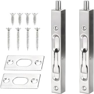 2pcs Door Flush Bolt Latch Slide Lock, 304 Stainless Steel Brushed Slide Latch Concealed Door Bolt Security Lever Action, Stainless Steel Brushed Slide Latch for Wooden Doors (6“ /15.24cm in Length)
