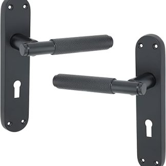 Infinity Decor Pair of Knurled Lever on Keyhole Backplate Lock Door Handles Set - Ideal for Interior & Exterior Doors (Matt Black)