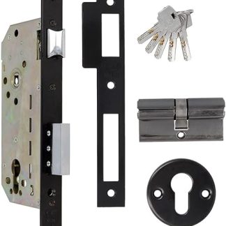 Amig - Mortise Lock with Security Cylinder and Key + 5 Keys - for Wooden Entry Doors - Black Finished Steel - Reversible Handle - for 8mm Handle