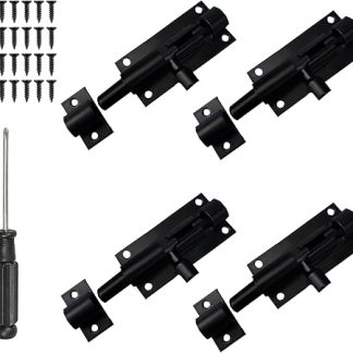 4 Pack Heavy Duty Black Door Bolt Lock Barrel Sliding Latch Lock with 24 Screws and 1 Screwdriver for Doors, Windows, Cabinets, Fence Gates