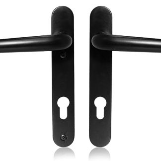 Uros Matt Black Door Handle (PZ 92mm, 122mm Screw Hole Distance, 209mm Overall) Aluminium Short Backplate, UPVC Front Door Handle