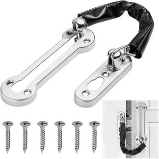 Door Chain Stainless Steel Lock for Front Door Security, Anti-Theft Safety Chain Lock with Sliding Bolt Guard,Heavy Duty Chain Lock for Door with 4 Screws for Home, Hotel & Apartment Use (Silver)