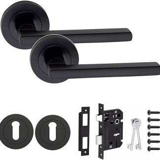 Golden Grace Leon Design Key Lock Door Handles Set on Round Rose in Matt Black Finish with 64mm 3 Lever Mortise Lock & Key Hole