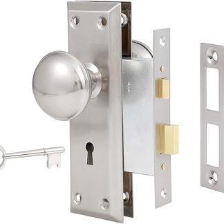 newliplace 3 Pcs Interior Exterior Door Mortice Lock Set with Vintage Door Handle, Door Knob with Lock and Skeleton Key, Brushed Nickel Finish