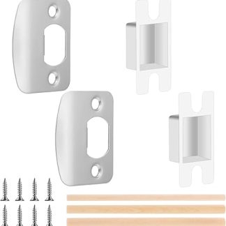 2 Sets Door Strike Plates Stainless Steel Door Lock Strike Plate Repair Kits Standard Door Latch Restorer with Dust Box Strike Plates Security Hardware Kit with Screws & Dowels for Interior Doors