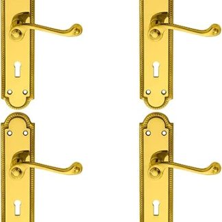 4 Pack | Reeded Scroll Handle on Shaped Lock Backplate - 205 x 49mm - Polished Brass | Traditional Lever on Backplate Door Handle - Internal Door Hardware - Euro, Oval and Latch Options Available