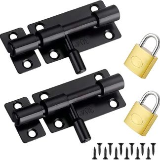 Pack of 2 Stainless Steel Door Bolt Made of 304 Steel, Black Security Bolt with Sliding Lock & Bolt Latch, Includes 12 Mounting Screws, Small Deadbolt Lock for Garden, Warehouse, Window, Fence, Room