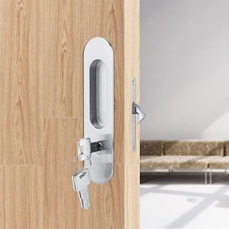 Anti Theft Sliding Door Lock Handle with Keys, Invisible Recessed Handle Latch, Pocket Door Lock for Pocket Door Barn Wood Door Interior Privacy Furniture Hardware Inside or Outside Locked (Silver)