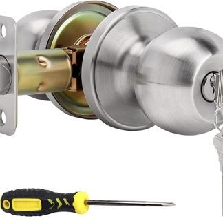 huifllyhui Door Knob with Lock and Key, Exterior/Interior Door knob for Bedroom or Bathroom,Satin Nickel Door Handle Lock (1, Silvery)