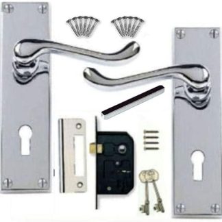 Victorian Scroll Door Handles in Polished Chrome Finish with 3 Lever Lock
