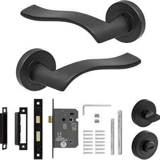 Decoranddecor Black Door Handles Internal – Aluminium Matt Black Door Handle Sets for Interior Doors | Internal Door Handles with Bathroom Door Lock and Turn and Release | Emblaze Range