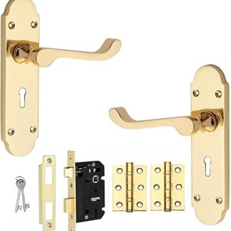 Victorian Scroll Epsom Design Door Handle with 2.5 3 Lever Lock & Ball Bearing Hinges Polished Brass 168mm x 40mm