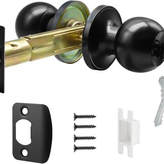 TPard 5 Backset Latch Keyed Entry Door Knob with Lock and Key, Standard Square Interface Entrance Ball Doors Knobset Lockset, Matte Black