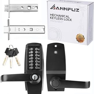 ANNFUZ Mechanical Entry Keypad Door Handle Lock with Key,Auto-Locking Push Button Code Door Knob Lock,Single Sided Combination & Interior Hold-open Lever,for Front Gate,Garage,Office,Matte Black