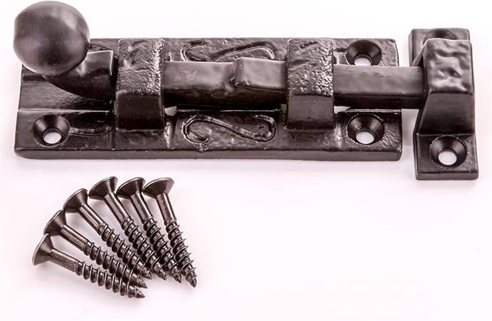 75mm Antique Style Door Bolt - Black Cast Iron Sliding Lock/Latch
