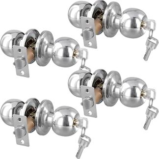 4 Pack 65mm Round Door Handles, Internal Door Lock with Key, Stainless Steel Door Handle with Locks for 25-45mm Thick Doors Bedroom, Bathroom Interior Door Handles