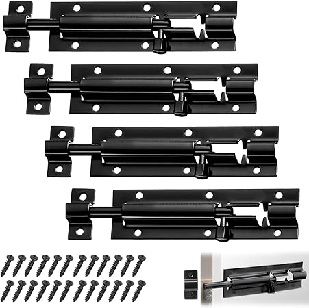 Door Security Slid Latch Lock, 4 Pack 5 Inch Door Lock Bolt, Barrel Bolt Stainless Steel Sliding, Door Latch Lock with Screws, Heavy Duty Door Security Bolts for Home Yard Garden(Black)