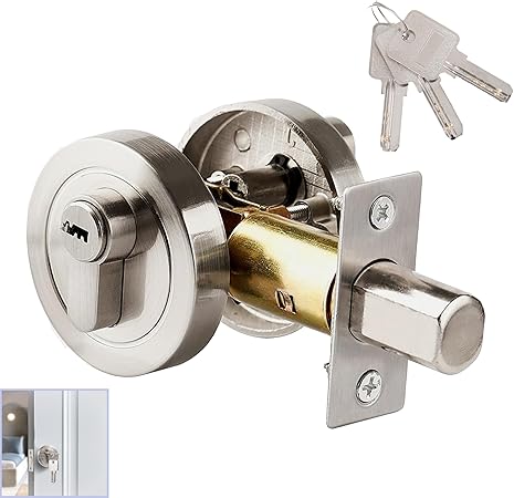 Single Cylinder Deadbolt, Round Deadbolt Lock, Zinc Alloy Door Locks with Keys, Invisible Modern Door Locks for 35-50mm Front Door, Entrance Door, Passage Door, Bedroom Door (Silver)