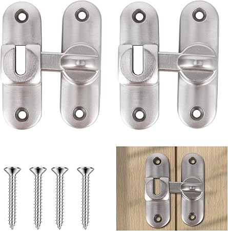 2PCS 90 Degree Door Lock Stainless Steel Barn Door Lock Latch Safety Sliding Security Door Latch Small Gate Latches Hardware for Barn, Garden, Bathroom, Cabinet, Window, Sliding Door-Silver