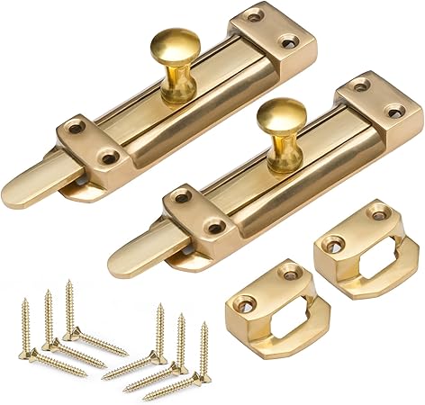 ZAVIA Brass Door Bolt Lock (Pack of 2) | 4-inch (100mm) Surface Mounted Internal Sliding Bolt Lock for Bedroom, Bathroom, Cabinets, Cupboards & Other Wooden Doors