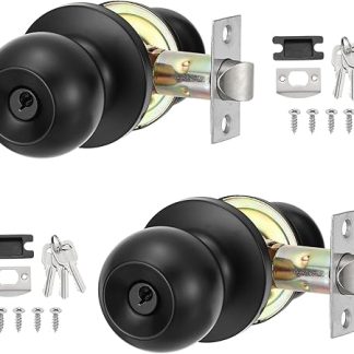 PATIKIL Round Key Entry Door Knobs Interior, 2 Pack Round Stainless Steel Bedroom Bathroom Door Knob with Lock Entry Indoor Outdoor Door, Black