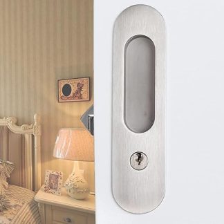 173mm Pocket Door Lock Pocket Door Handle with Key Sliding Door Lock Keyed Recessed Pocket Handle with Mortise Hook for Wooden Door, Brushed Silver