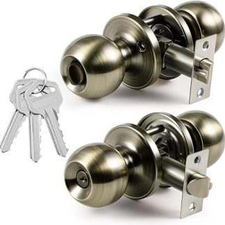 Blulu 1 Pack Interior Privacy Door Knobs with Lock and Key Retro Antique Brass Ball Keyed Door Lock for Privacy Bedroom Bathroom