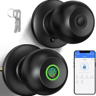 52HZ Fingerprint Door Knob with Lock, Smart Lock for Bedroom Door, Biometric Door Lock with App Control & Key, Thumbprint Keyless Entry Door Lock for Front Door, Home, Apartment, Office, Matte Black