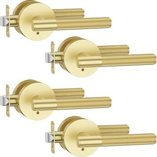 Asidrama 4 Pack Privacy Gold Door Handles, Door Lever with Door Knobs Indoor for Bedroom or Bathroom, Heavy Duty Brushed Gold Door Handles Interior with Locks for Left Right Sided Doors