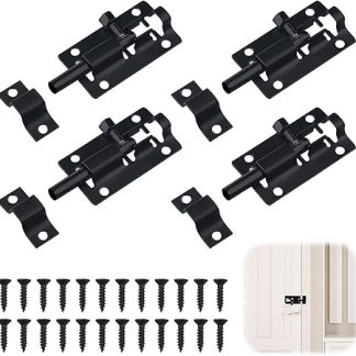 4 Pack Door Bolt Lock 2 Inch Security Sliding Lock Stainless Steel Black Door Lock with Screws for Bathroom Shed Garden Bedroom Shower Toilet - Sturdy and Durable