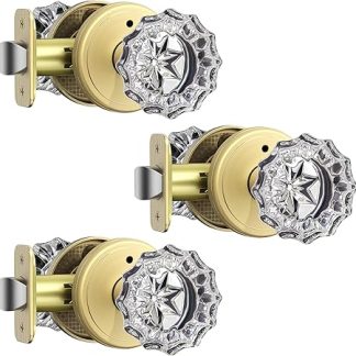 MAXECURITY 3 Pack Crystal Door Knob, Rosette Shaped Glass Door Knobs Interior with Lock, Satin Brass Door Knobs Interior Glass