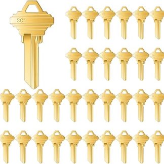 Lesnala 32Pcs Blank keys bulk Uncut blank keys SC1 Key blanks in premium brass for House Door Lock Replacement Universal Kwikset Brass Finish (golden SC1)
