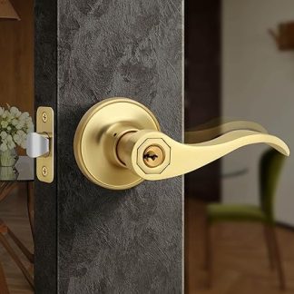 Moquin Wave Design Keyed Entry Door Lever with Lock, Reversible Door Handle for Right/Left Side Front/Entrance Door Lock in Satin Brass Finish