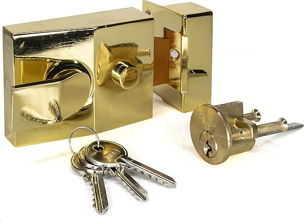 UK Security Supplies Standard Deadlocking Nightlatch, Polished Brass Finish, 60mm Backset, Complete with Rim Cylinder Lock Supplied with 3 Keys. External Door Lock for Front Door and Back Door.